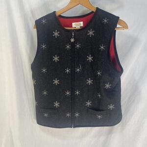 Talbots Wool Blend Red Lined Vest Black Silver Metallic Snowflakes size Medium